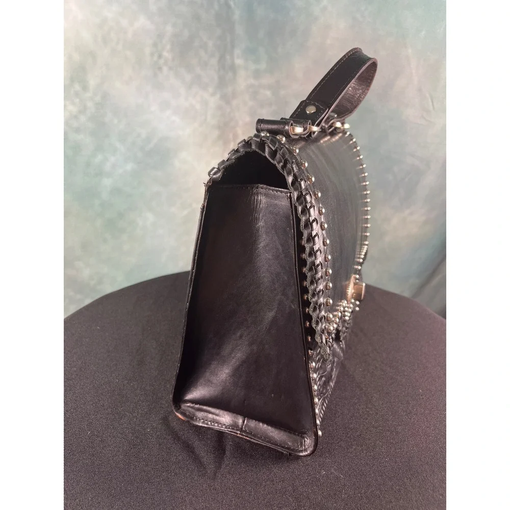 American West Black Hand Tooled Leather Studded Floral Top Handle‎ Handbag Bag